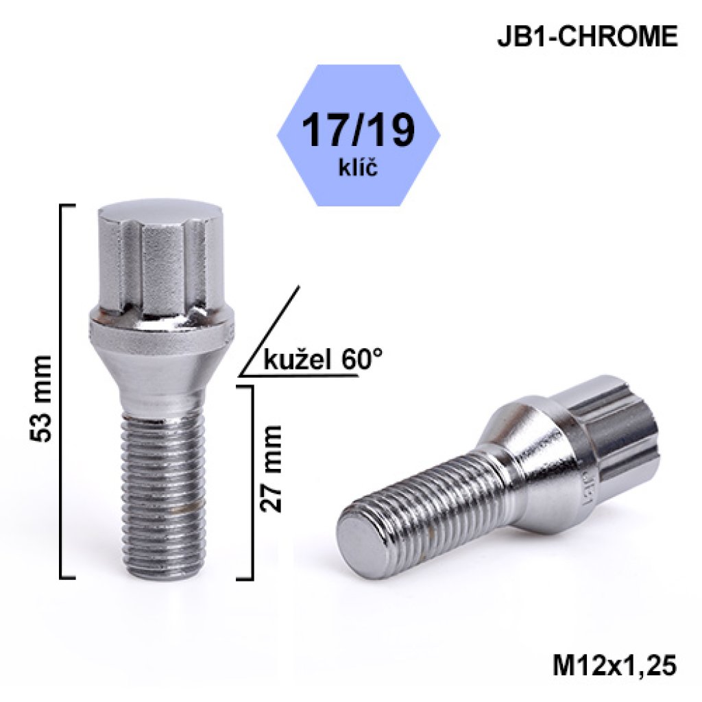 Montážní sada JB1-CHROME kolový šroub 20ks M12x1,25x27mm kužel, hlava 6SPLINE klíč 17/19