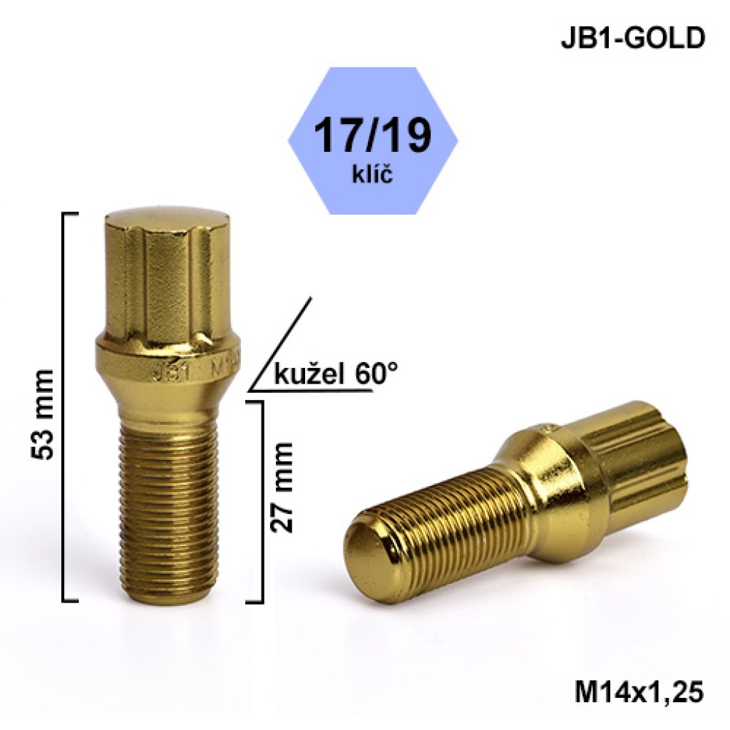 Montážní sada JB1-GOLD kolový šroub 20ks M14x1,25x27mm kužel, hlava 6SPLINE klíč 17/19