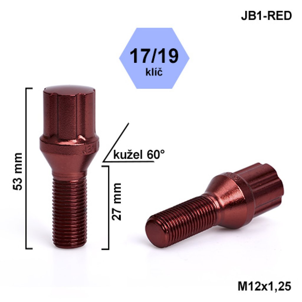 Montážní sada JB1-RED kolový šroub 20ks M12x1,25x27mm kužel, hlava 6SPLINE klíč 17/19