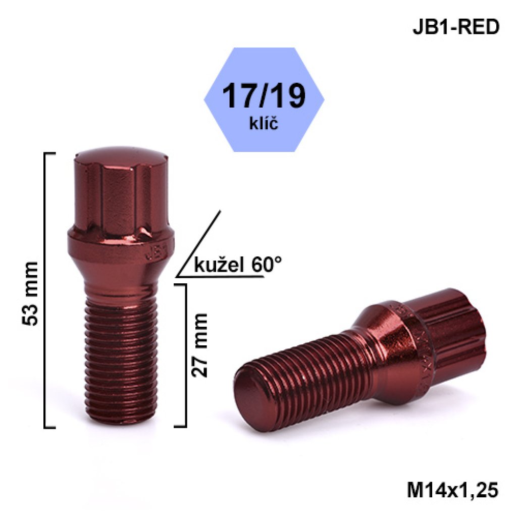 Montážní sada JB1-RED kolový šroub 20ks M14x1,25x27mm kužel, hlava 6SPLINE klíč 17/19