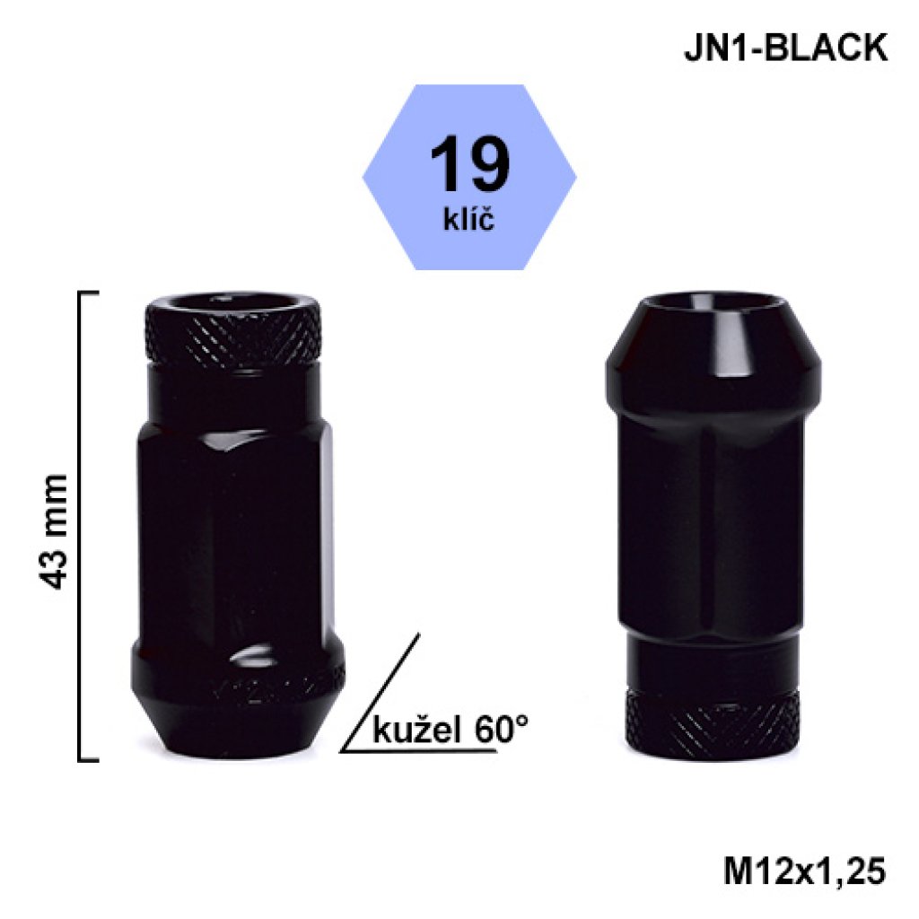 Montážní sada JN1-BLACK kolová matice 20ks M12x1,25 kužel, klíč 19, výška 43mm