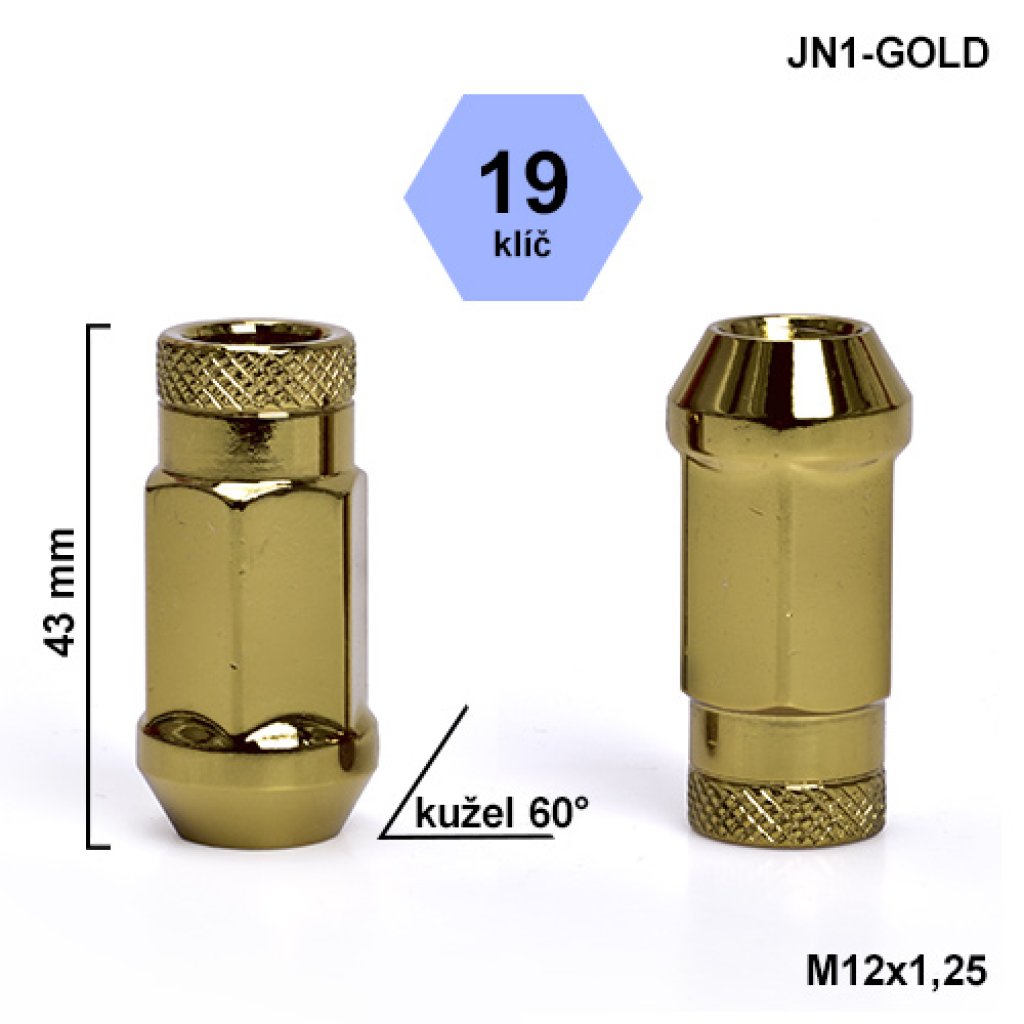 Montážní sada JN1-GOLD kolová matice 20ks M12x1,25 kužel, klíč 19, výška 43mm