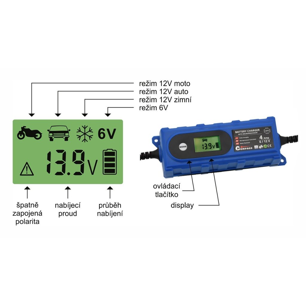 Nabíječka mikroprocesor 4Amp 6/12V Pb/GEL LCD display, 07146