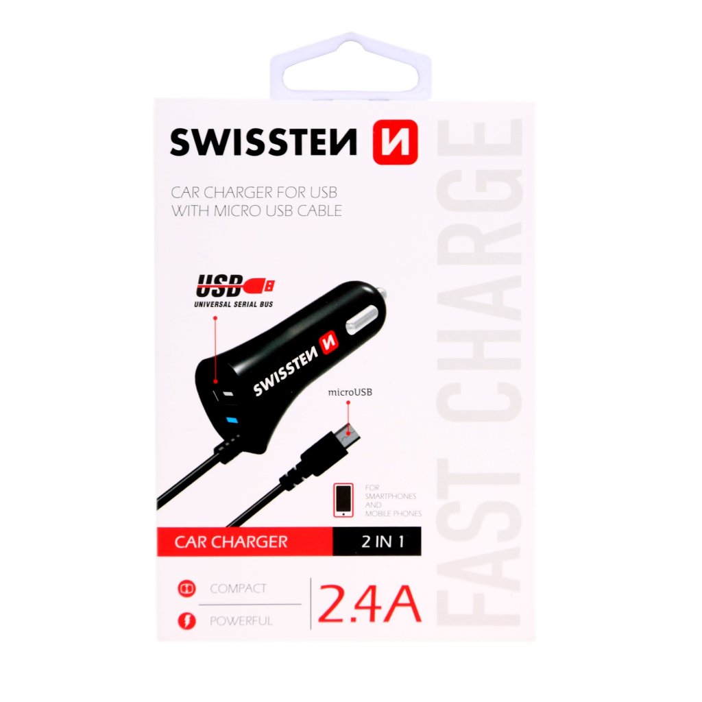 Nabíječka mobilu microUSB SWISSTEN s 1x USB výstupem 2,4 A, 12/24V, 44057