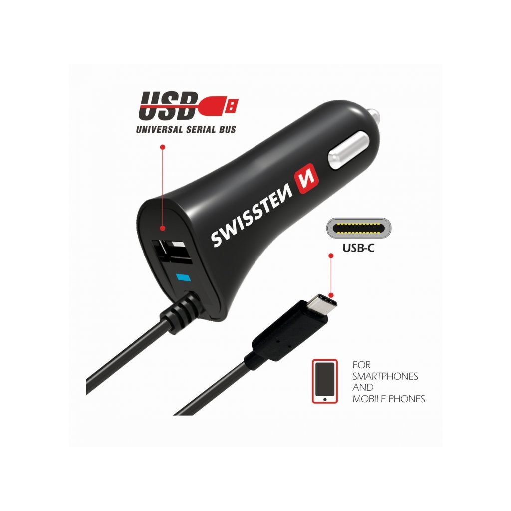 Nabíječka mobilu USB-C SWISSTEN s 1x USB výstupem 2,4 A, 12/24V, 45186