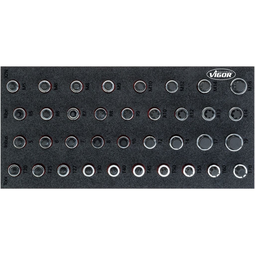 Nástrčné hlavice s bity v pěnové výplni, 1/2", 36 ks, VIGOR - V5099