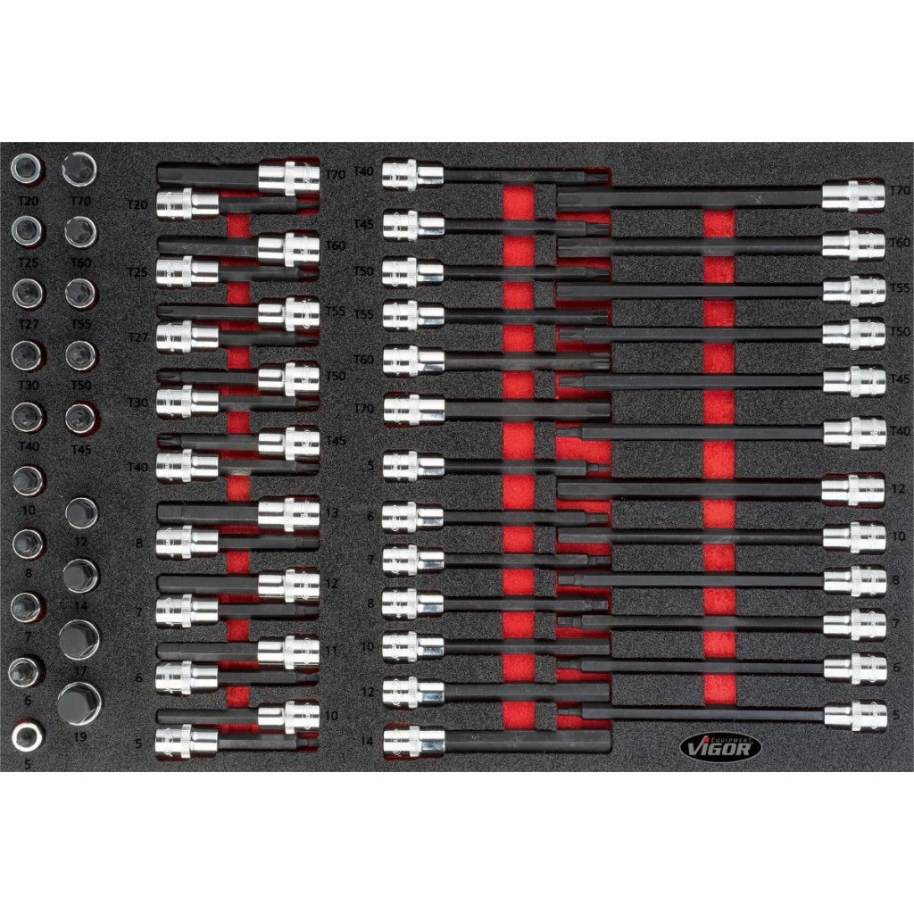 Nástrčné hlavice v pěnové výplni, Imbus, Torx, 1/2", 62 ks, VIGOR - V4727