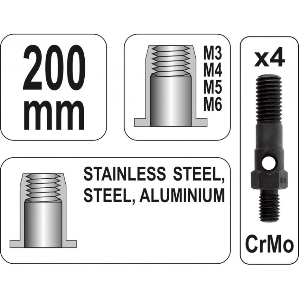 Nýtovací kleště pro matice 200 mm, 5 ks - YT-36140