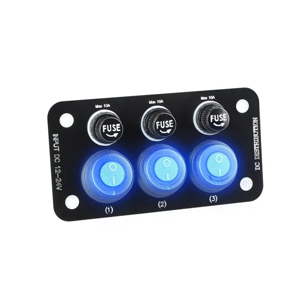 Panel s 3x spínači + 3x pojistky, 12/24V