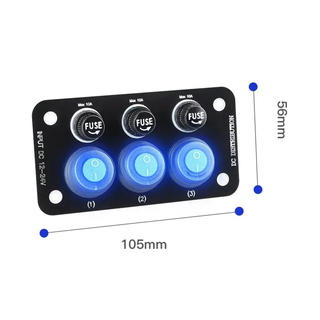 Panel s 3x spínači + 3x pojistky, 12/24V