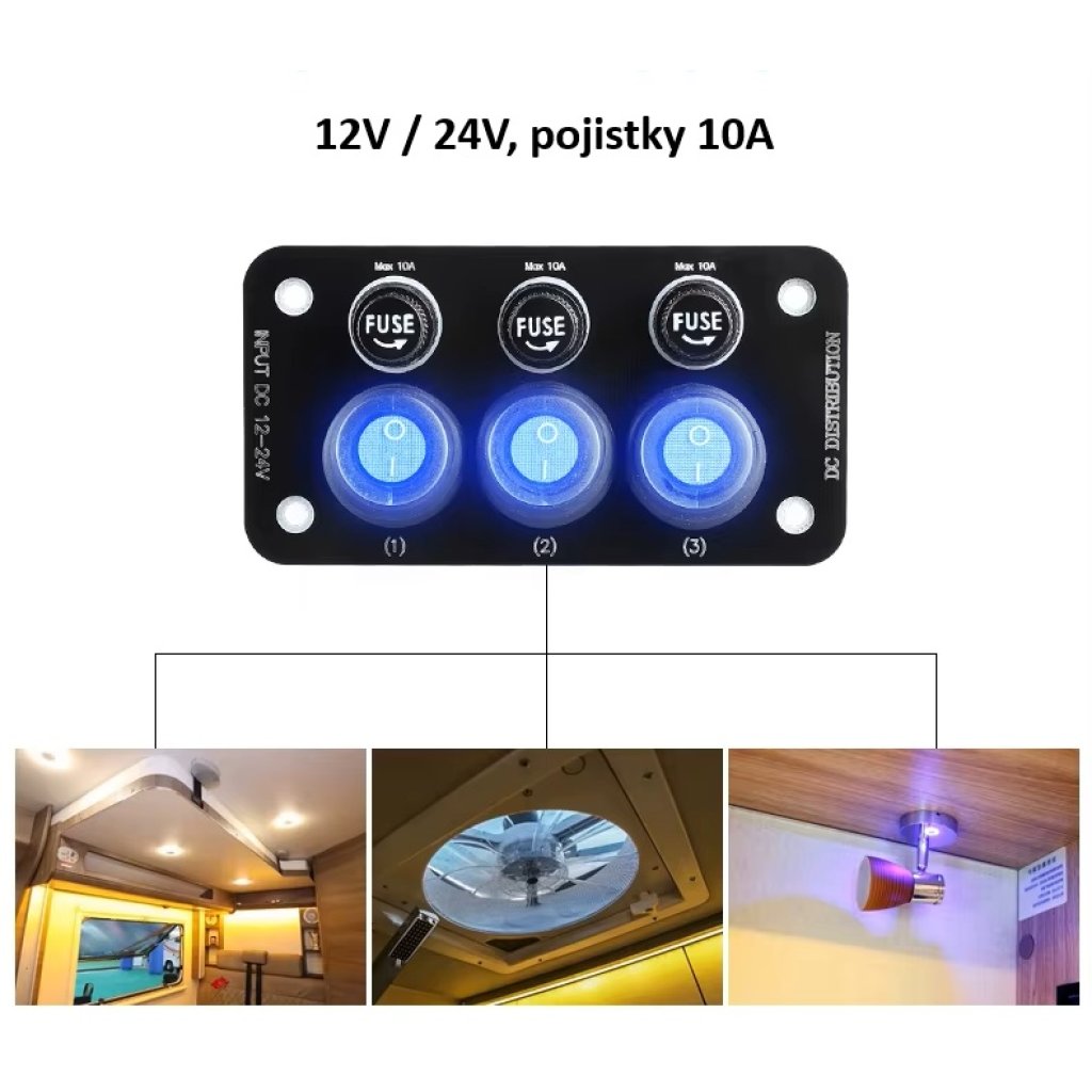 Panel s 3x spínači + 3x pojistky, 12/24V