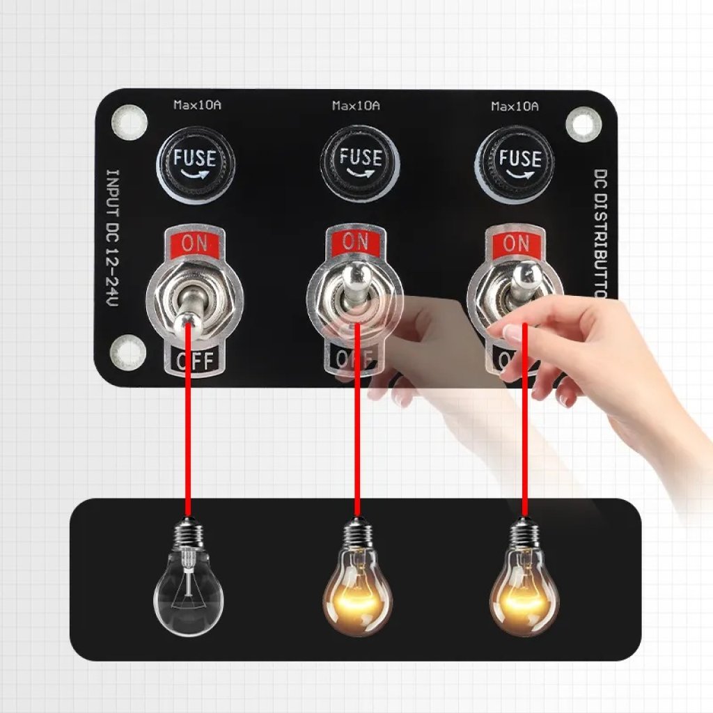Panel s 3x spínači + 3x pojistky, 12/24V
