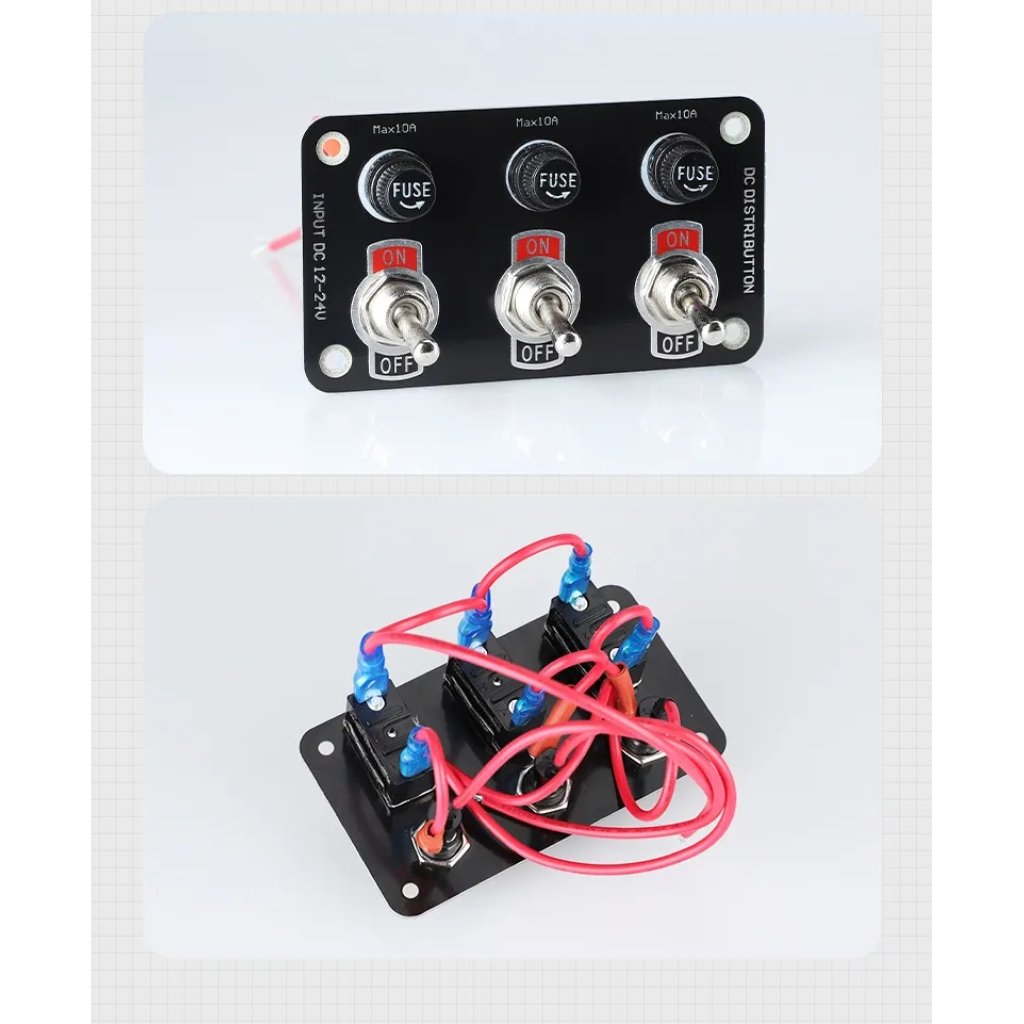 Panel s 3x spínači + 3x pojistky, 12/24V