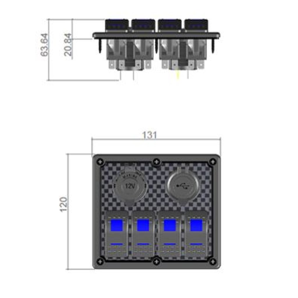 Panel s 4x spínači Rocker, CL + USB zásuvka, 12/24V