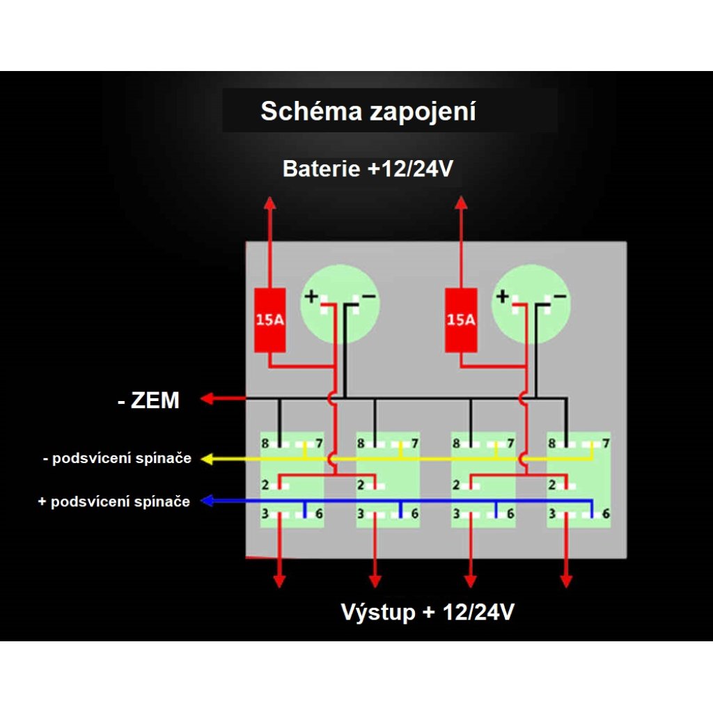 Panel s 4x spínači Rocker, CL + USB zásuvka, 12/24V