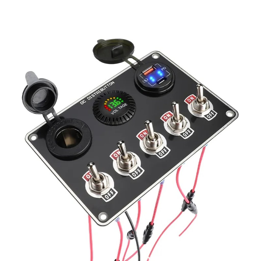 Panel s 5x spínači + 2x USB/Voltmetr a CL zásuvka, 12/24V