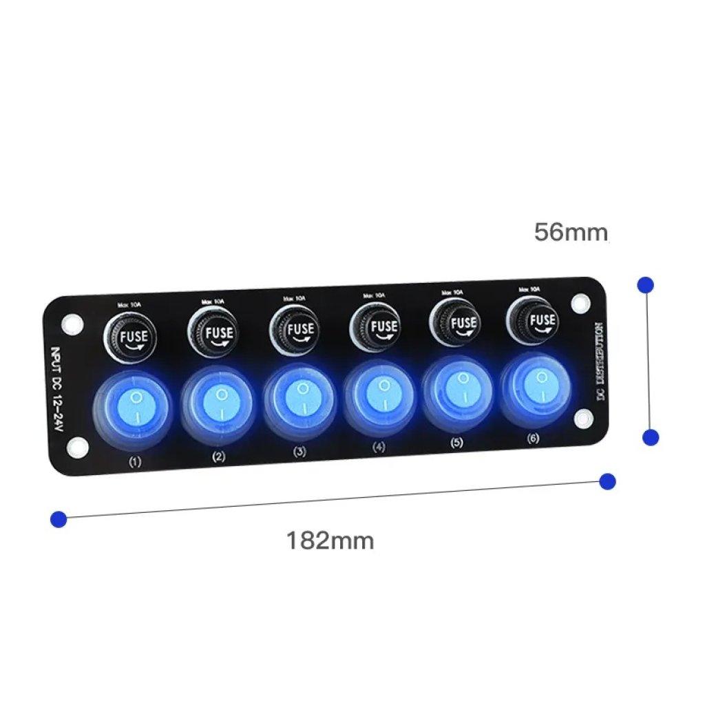 Panel s 6x spínači + 6x pojistky, 12/24V