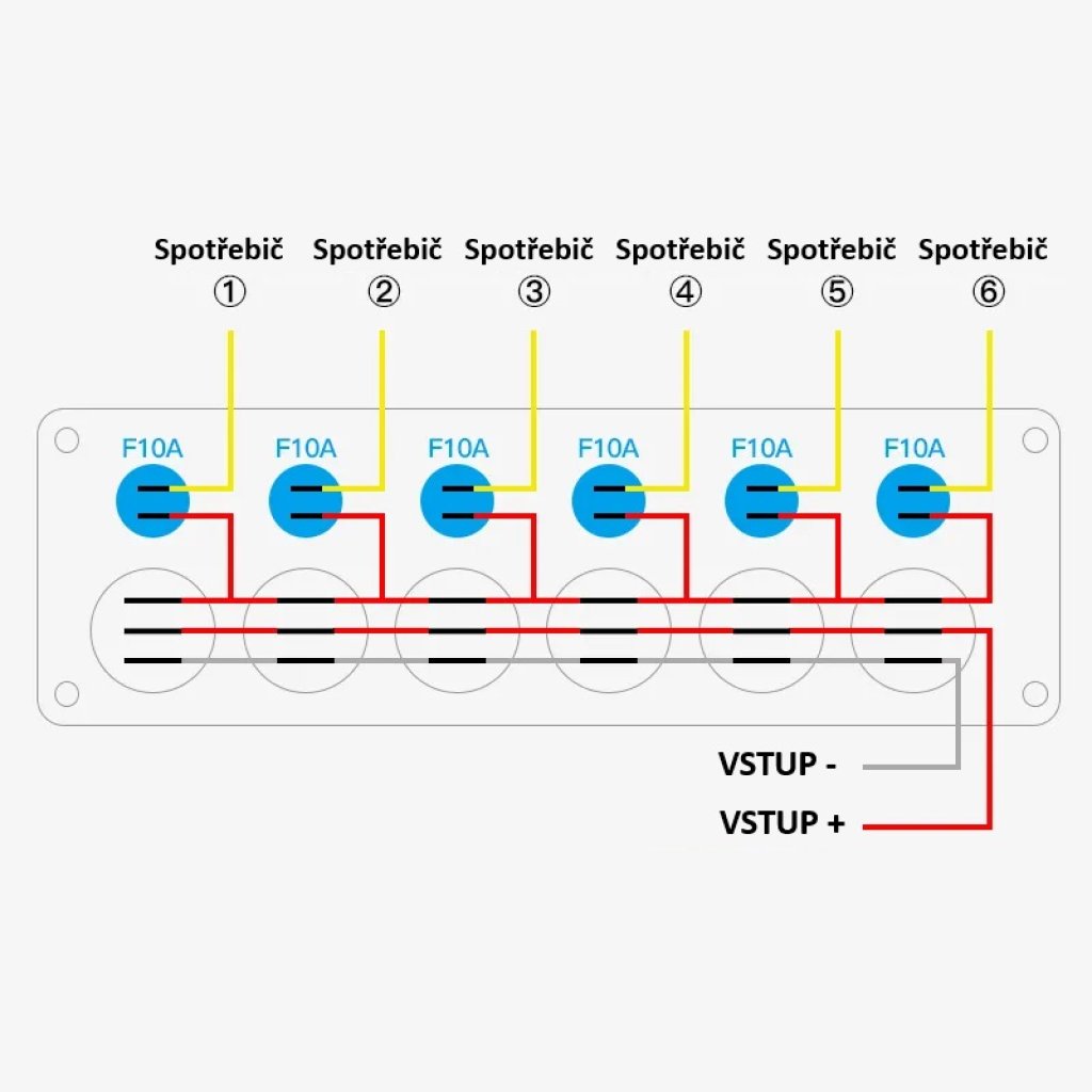Panel s 6x spínači + 6x pojistky, 12/24V