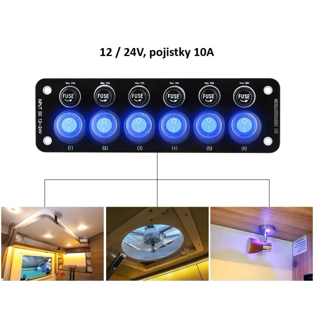 Panel s 6x spínači + 6x pojistky, 12/24V