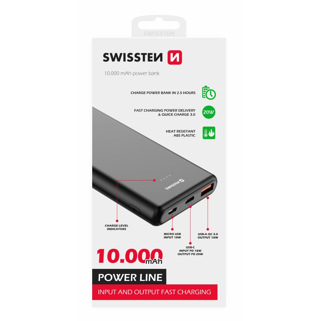 Power Bank SWISSTEN Power Line 10000 mAh 20W POWER DELIVERY, černá, 47981