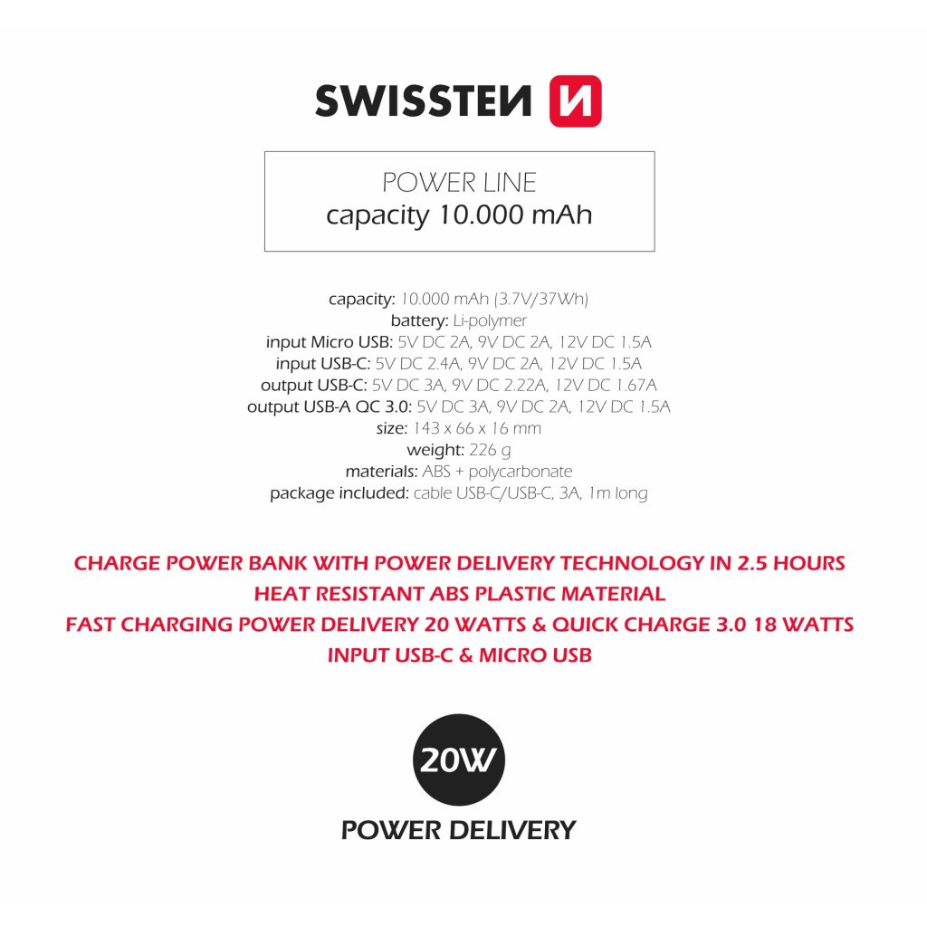 Power Bank SWISSTEN Power Line 10000 mAh 20W POWER DELIVERY, černá, 47981