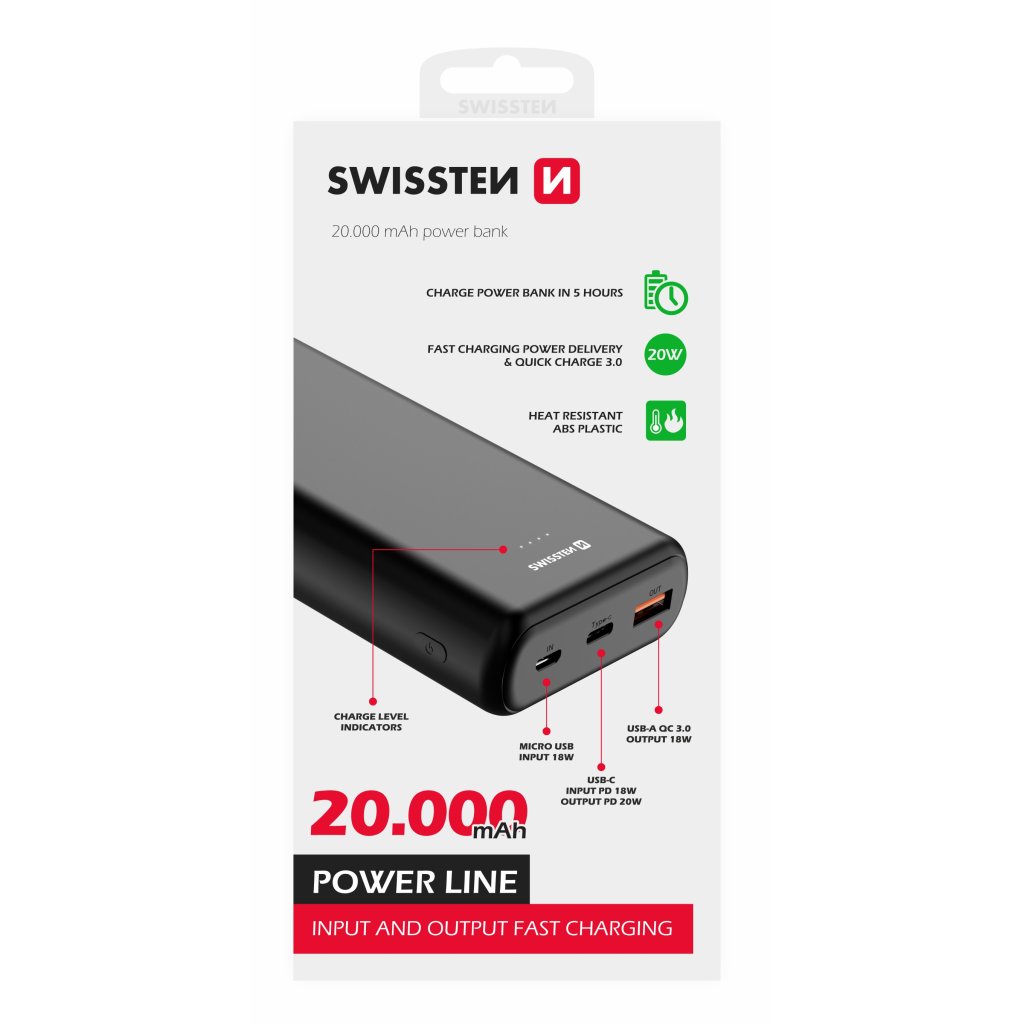 Power Bank SWISSTEN Power Line 20000 mAh 20W POWER DELIVERY, černá, 47982