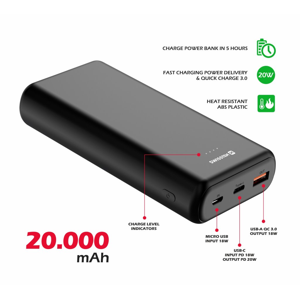 Power Bank SWISSTEN Power Line 20000 mAh 20W POWER DELIVERY, černá, 47982