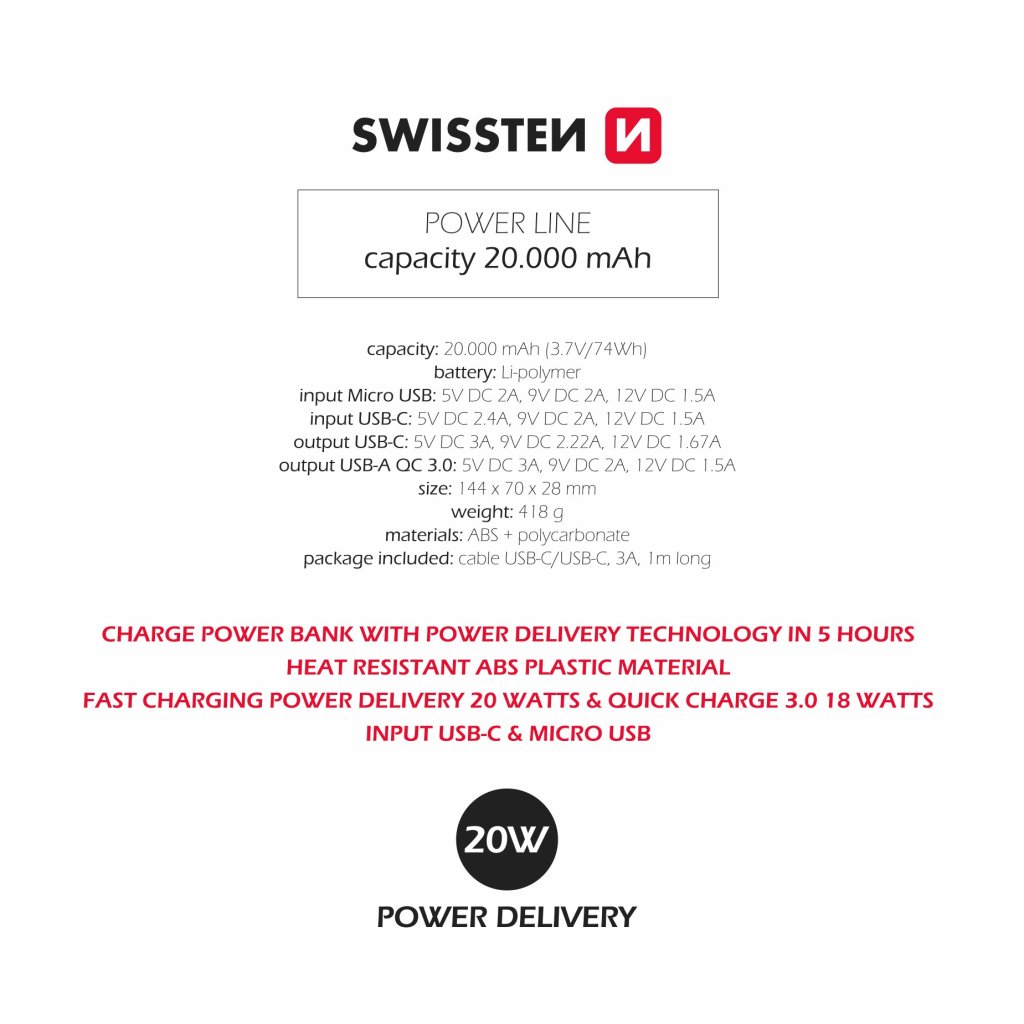 Power Bank SWISSTEN Power Line 20000 mAh 20W POWER DELIVERY, černá, 47982