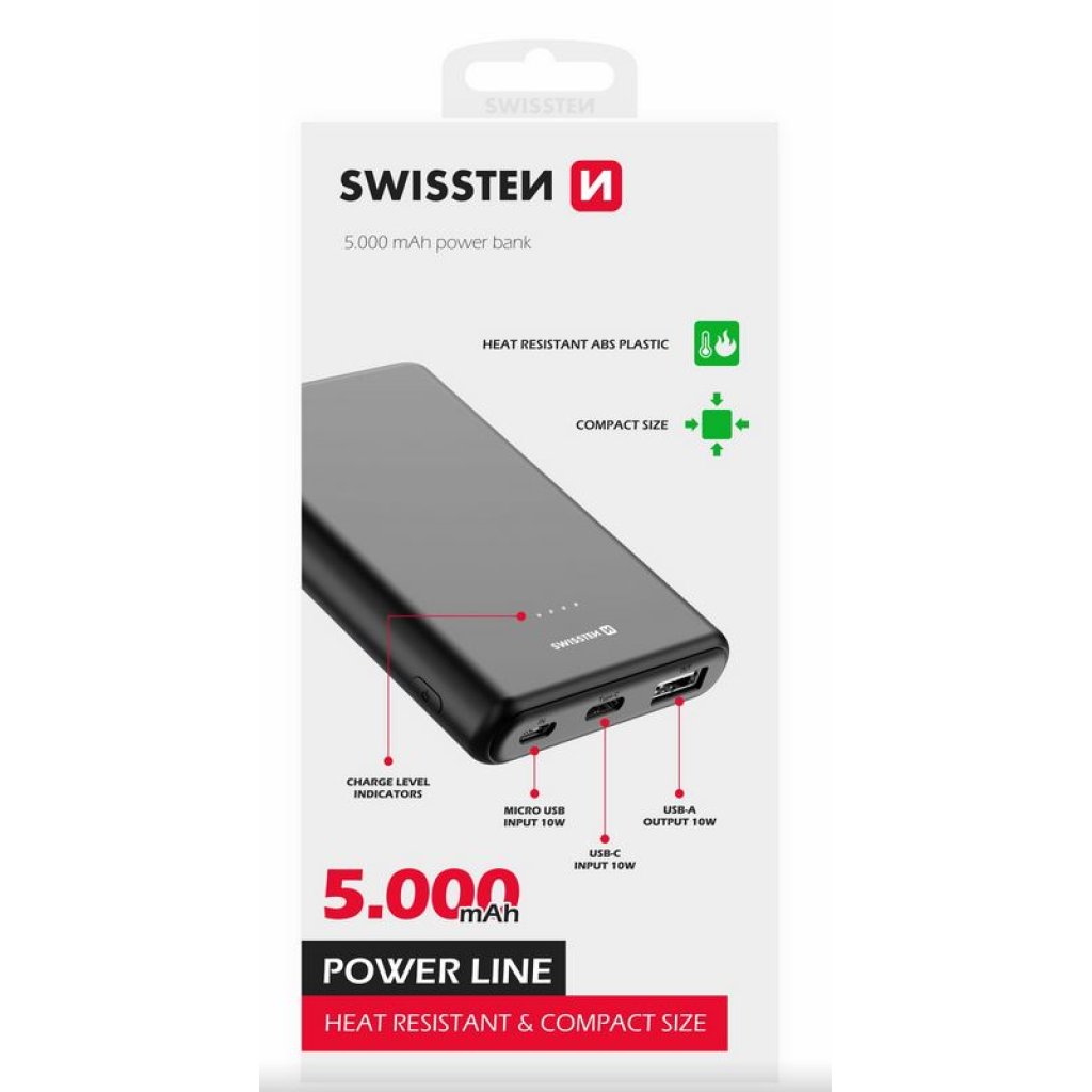 Power Bank SWISSTEN Power Line 5000 mAh 10W, černá, 47980