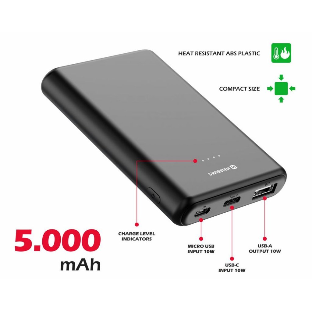 Power Bank SWISSTEN Power Line 5000 mAh 10W, černá, 47980