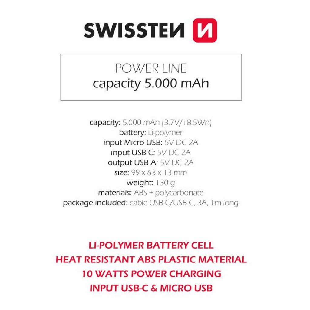 Power Bank SWISSTEN Power Line 5000 mAh 10W, černá, 47980