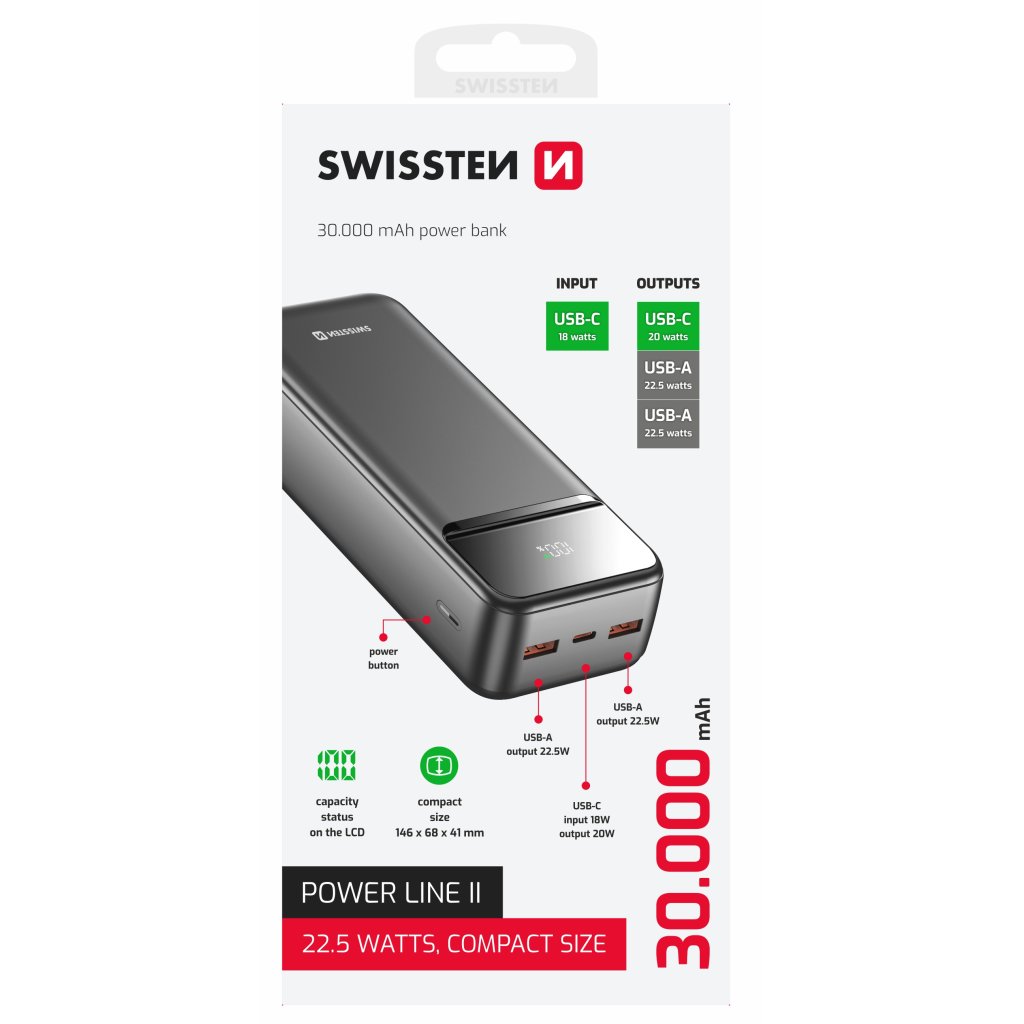 Power Bank SWISSTEN Power Line II 30000 mAh, černá, 49063