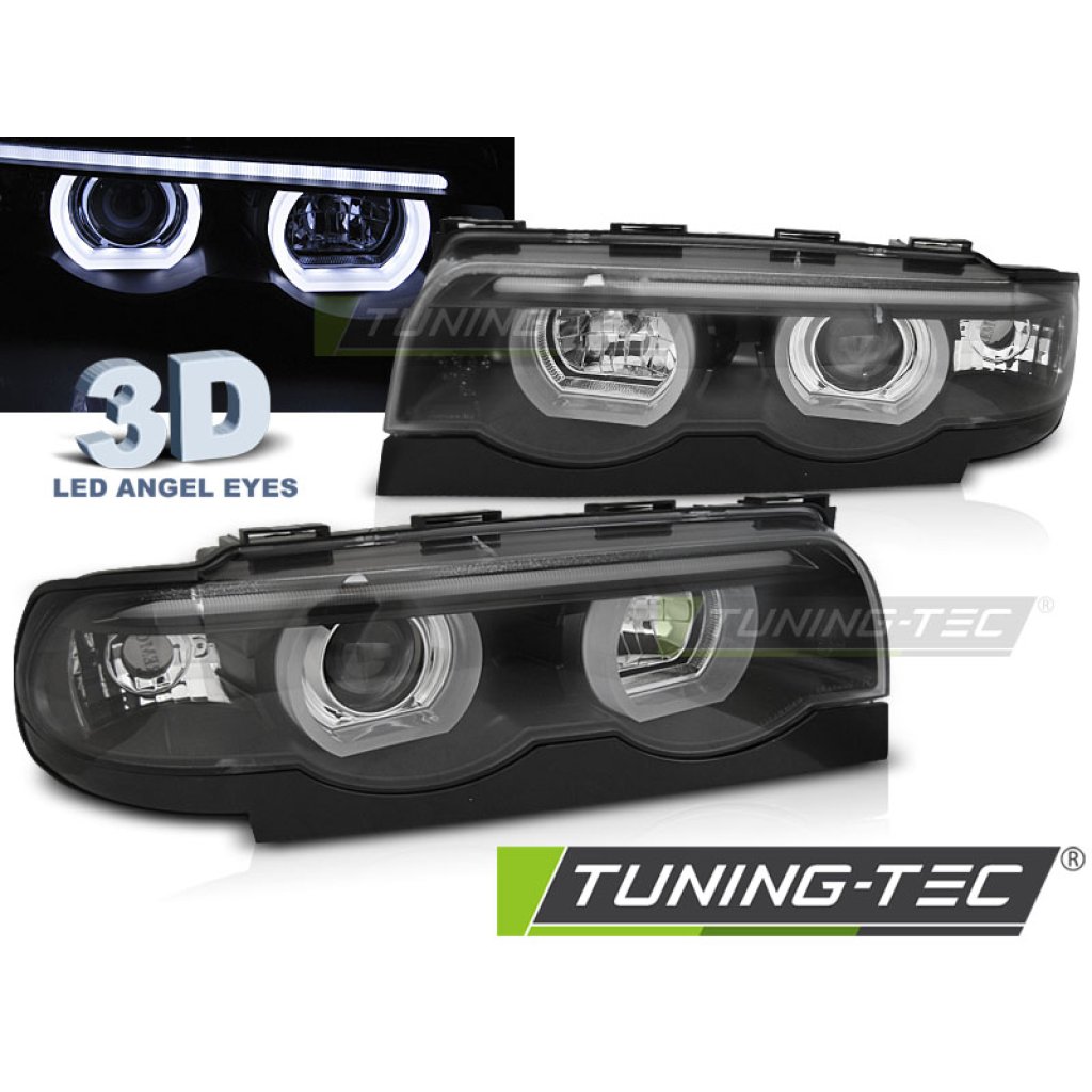 Přední světla 3D LED angel eyes, BMW 7 E38 94-01 černá