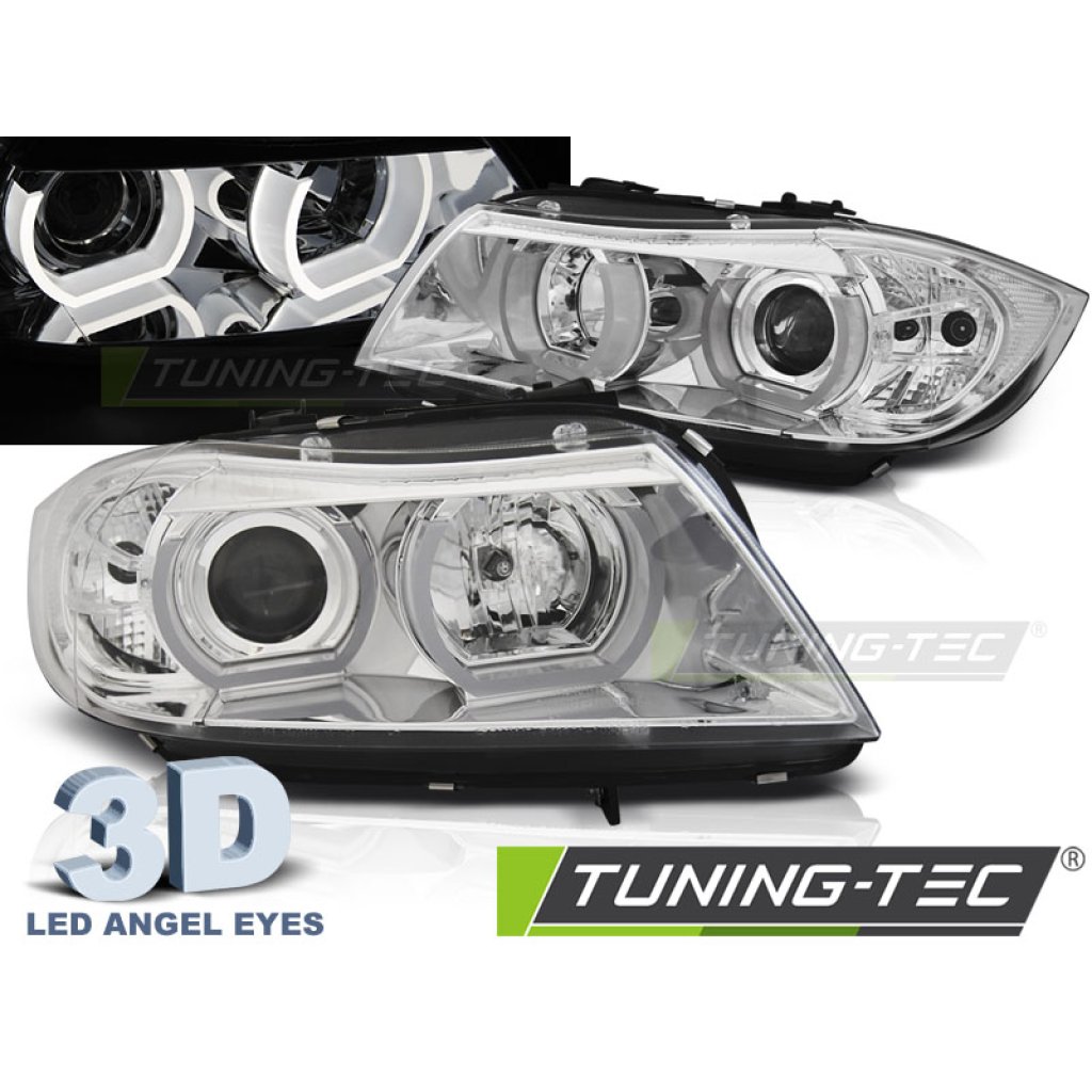 Přední světla 3D LED angel eyes BMW E90/E91 05-08 chromová