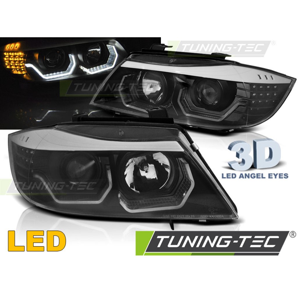 Přední světla 3D LED angel eyes, LED blinkr BMW E90/E91 05-08 černá