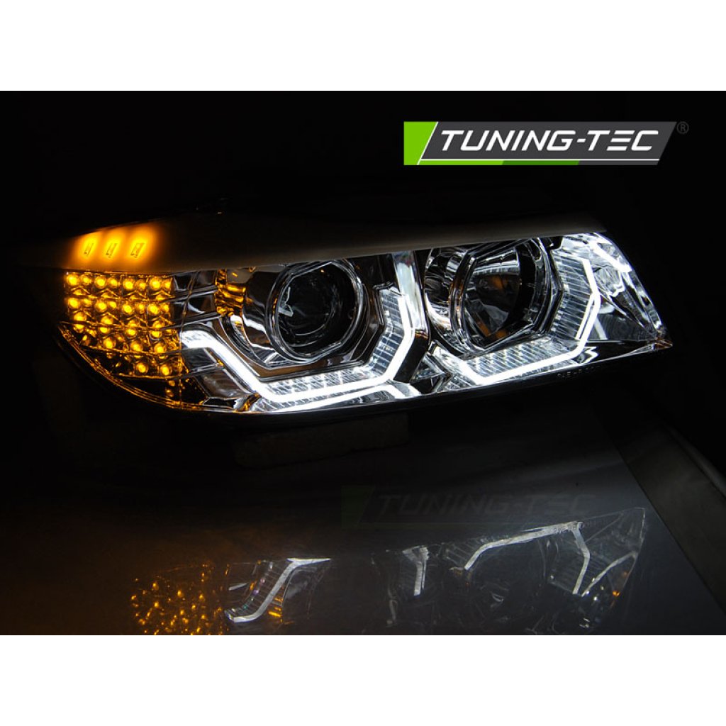 Přední světla 3D LED angel eyes, LED blinkr BMW E90/E91 05-08 chromová