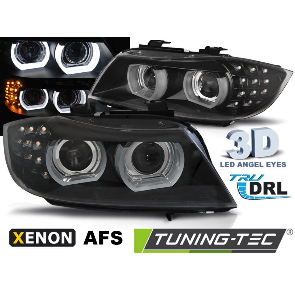 Přední světla 3D LED angel eyes, LED blinkr, D1S xenon, BMW E90/E91 09-11 s AFS černá