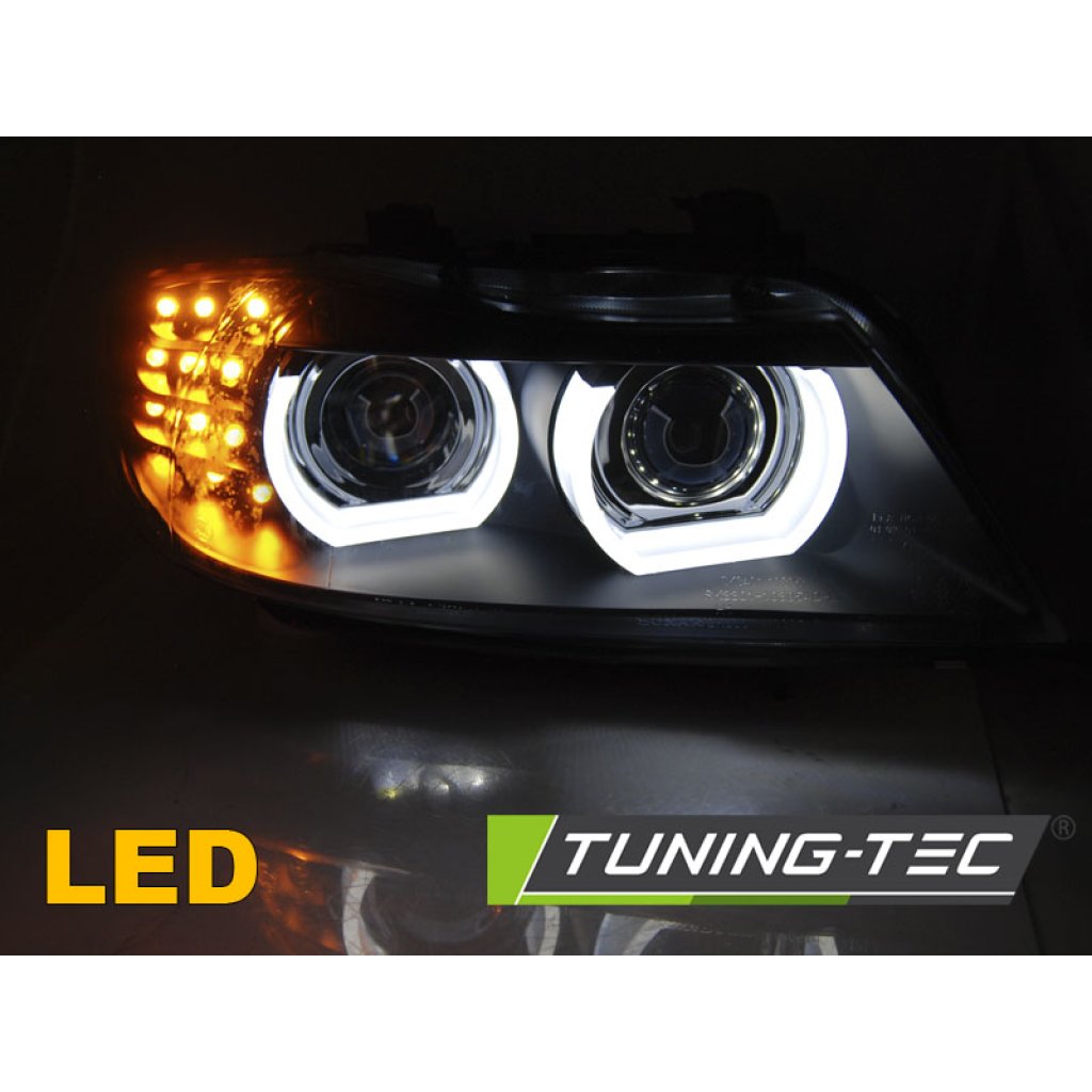 Přední světla 3D LED angel eyes, LED blinkr, D1S xenon, BMW E90/E91 09-11 s AFS černá