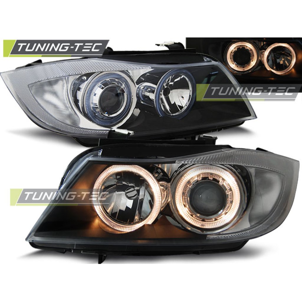 Přední světla angel eyes BMW E90 černá