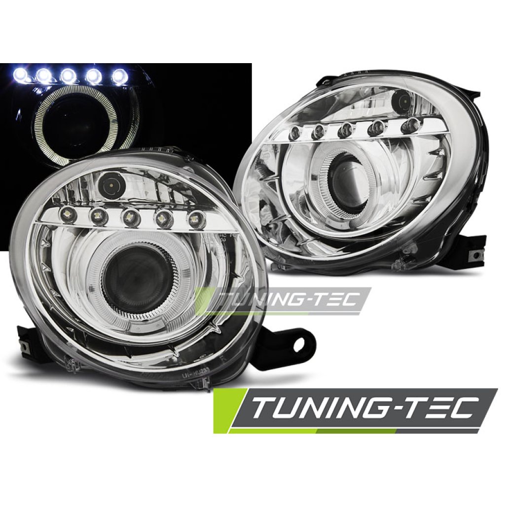 Přední světla angel eyes s LED Fiat 500 07- chrom