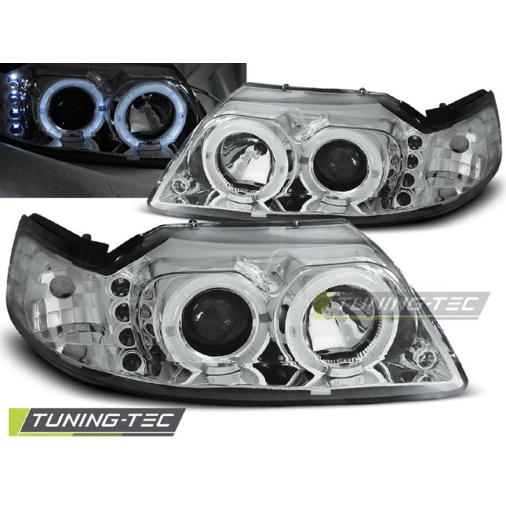 Přední světla Angel Eyes s LED Ford Mustang 98-04 chrom