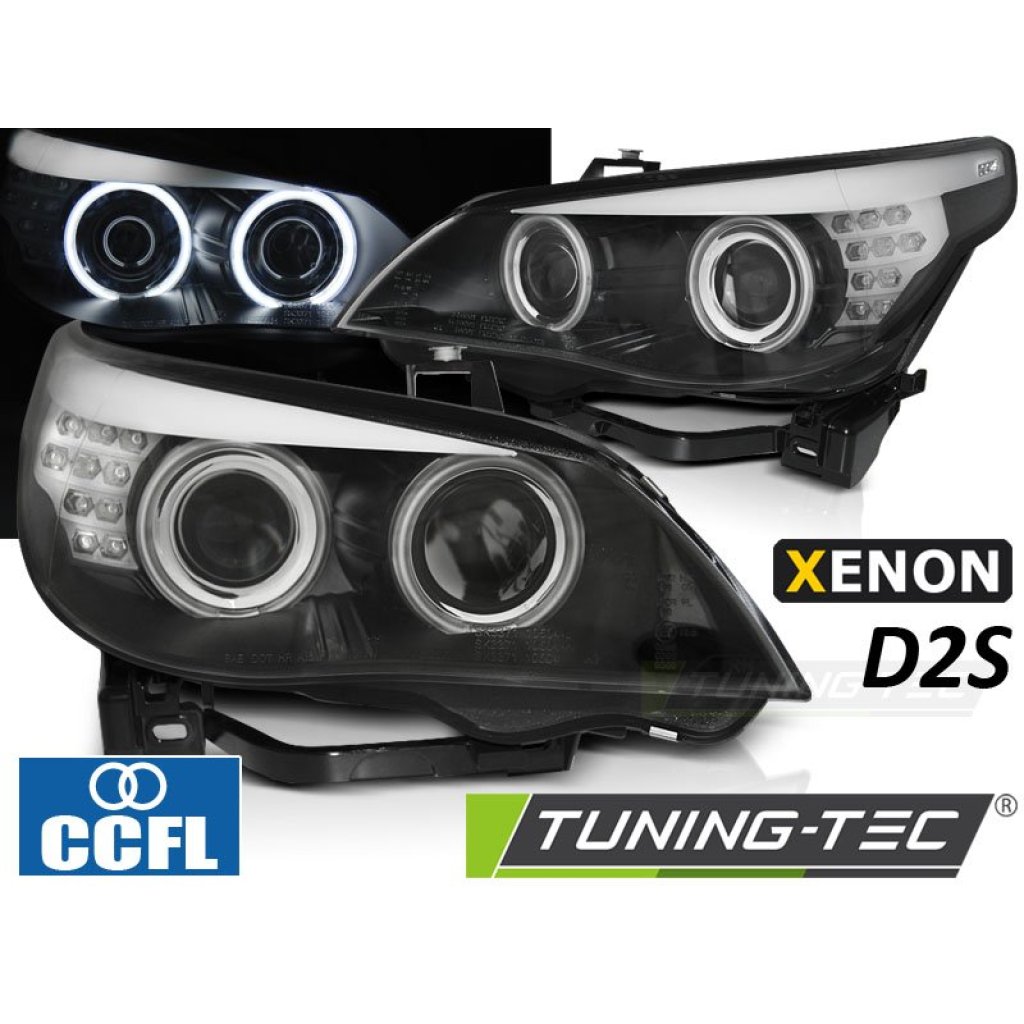 Přední světla, CCFL angel eyes, LED blinkr BMW E60 / E61 D2S xenon, 03-04 černá