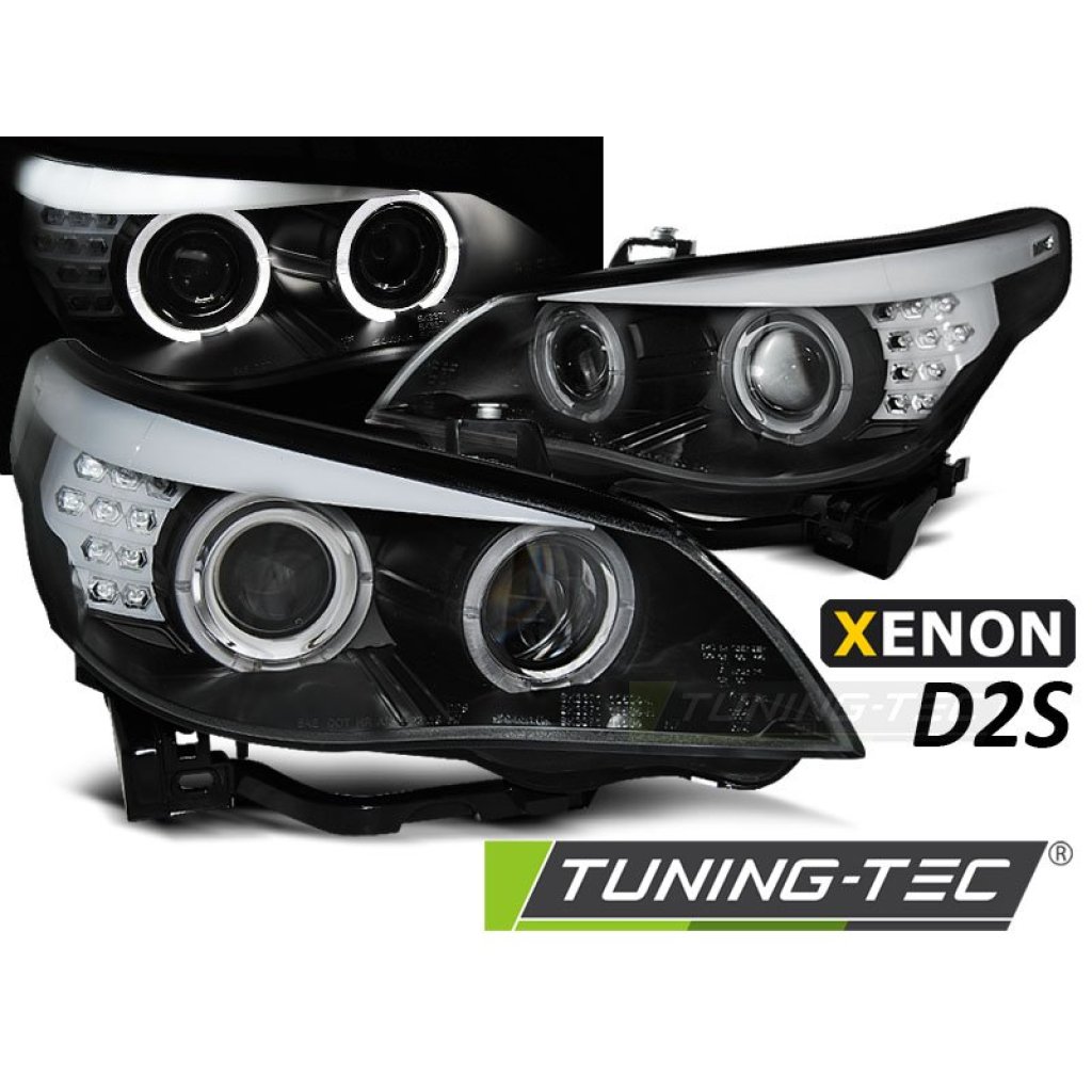 Přední světla, LED angel eyes, LED blinkr BMW E60 / E61 D2S xenon, 03-04 černá