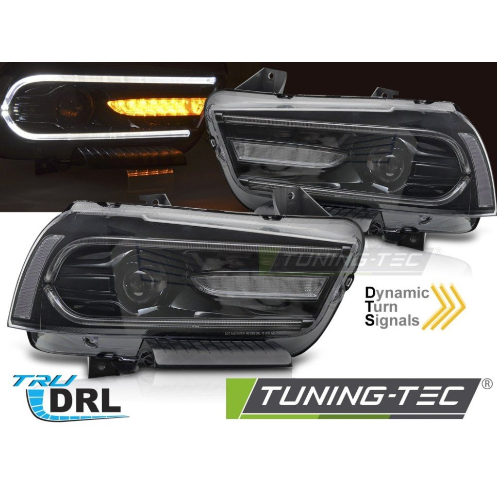 Přední světla, LED dynamický blinkr, LED denní světla pro DODGE CHARGER LX II 2011-2015 černá