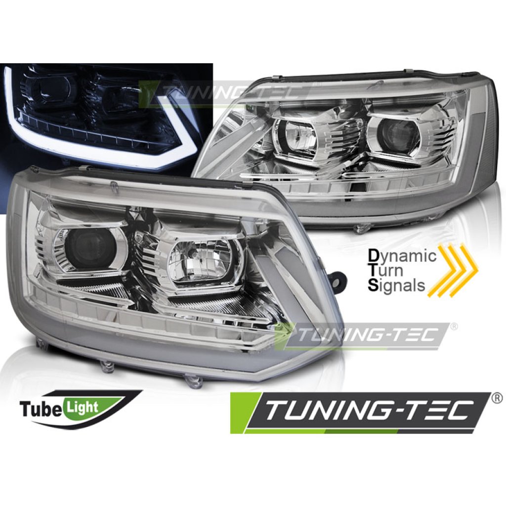 Přední světla LED s denními světly VW T5 09-14 s dynamickým LED blinkrem chromová
