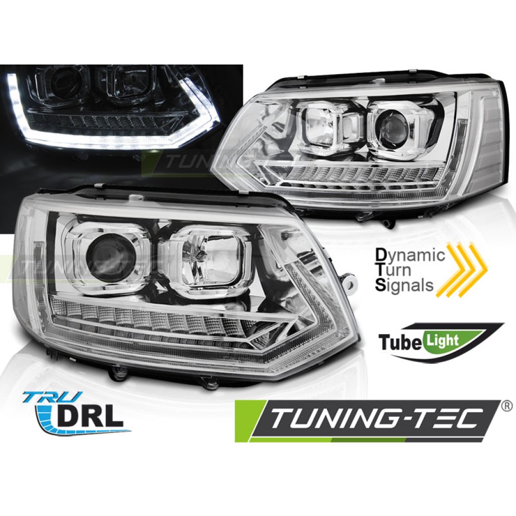 Přední světla LED s denními světly VW T5 09-14 s dynamickým LED blinkrem, chromová