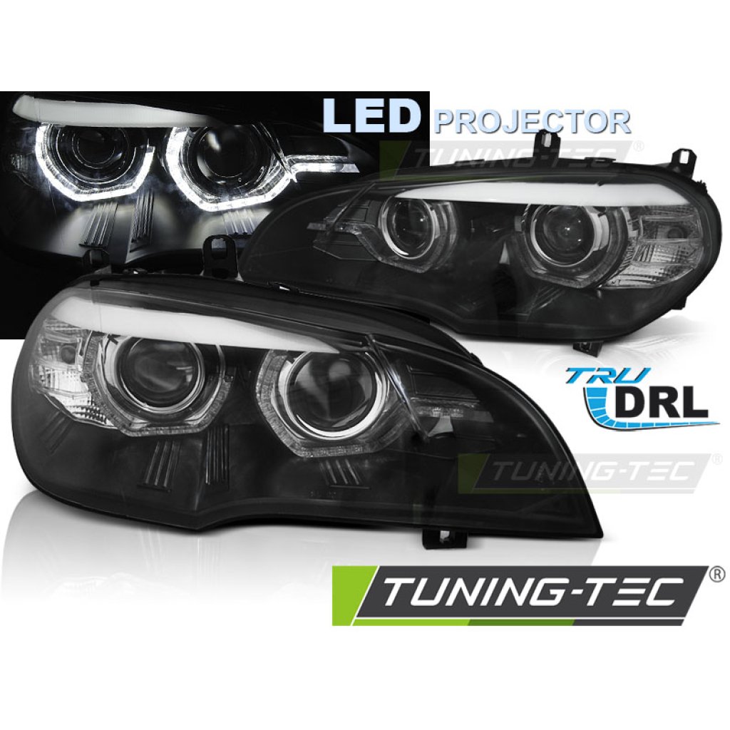 Přední světla s dual LED projektorem, 3D LED Angel Eyes DRL BMW X5 E70 xenon 03-13 černá