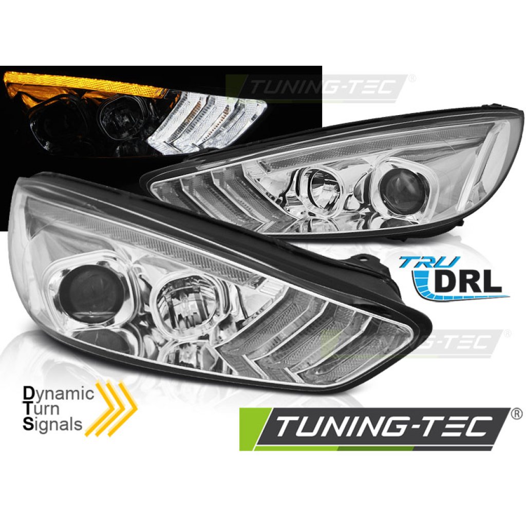 Přední světla s LED denním světlem, SEQ blinkrem, Ford Focus MK3 15-18 chromová