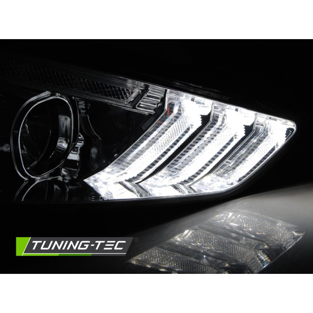 Přední světla s LED denním světlem, SEQ blinkrem, Ford Focus MK3 15-18 chromová