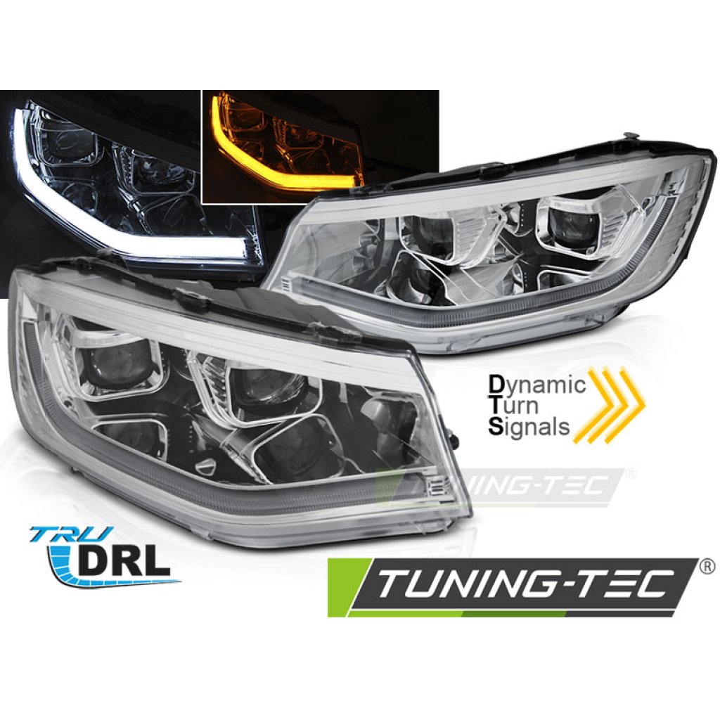 Přední světla s LED denními světly, LED dynamickým blinkrem VW Caddy 20- chromová